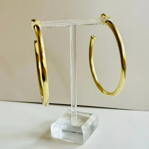 Sheila Fajl Arlene Hoop Earrings dangle Post 14k Gold plated Brushed Metal 2.5"L